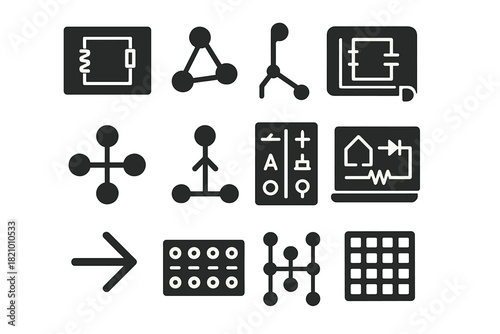 Electrical Schematic Icons. Solid style icons of Electrical Schematics: wiring diagram, circuit map, blueprint paper, line