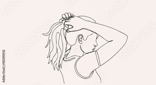 Woman tying her hair in a ponytail line art drawing.