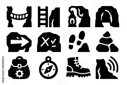 Cavern Exploration Icons. Solid style icons of Hidden Cavern Pathways: rope bridges, wooden ladders, lantern hooks, narrow tunnels