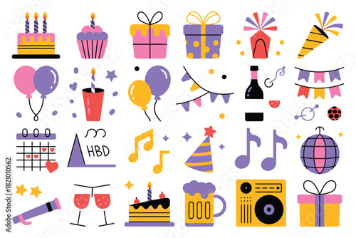A collection of colorful and festive birthday celebration elements, including cakes, balloons, gifts, music notes, and party hats, are arranged on a white background.