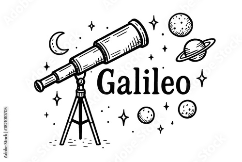 Telescope is drawn with a starry background and the name Galileo