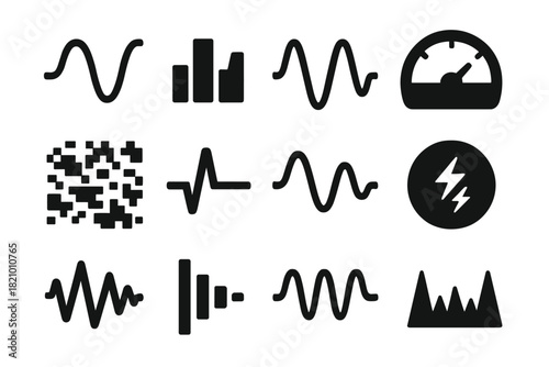 Analog Signal Icons. Solid style icons of Analog signal elements: sine wave, frequency band, modulated wave, analog meter, static