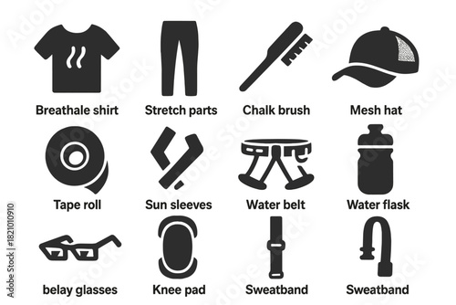 Climbing Gear Icons. Solid style icons of Climbing apparel and accessories: breathable shirt, stretch pants, chalk brush, mesh hat