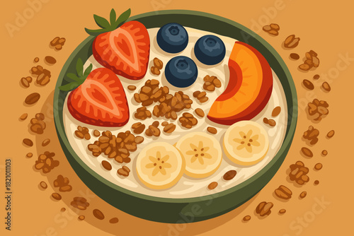 Granola Yogurt Bowl. Vibrant bowl of creamy yogurt garnished vector illustration with granola and fresh fruit, rich textures and