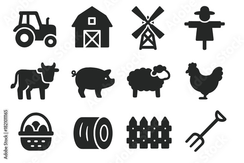 Farm Life Icons. Solid style icons of Farm Life: Tractor, Barn, Windmill, Scarecrow, Cow, Pig, Sheep, Chicken, Basket of Eggs, Hay