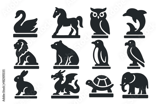 Animal Sculpture Icons. Solid style icons of Animal Sculptures: swan, horse, owl, dolphin, lion, bear, penguin, eagle, rabbit,