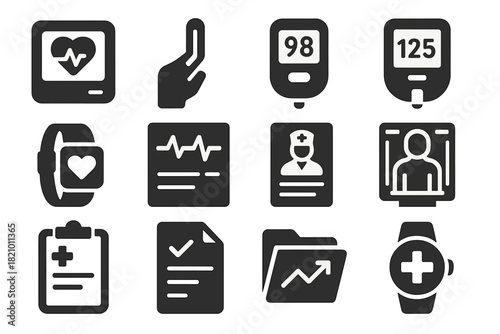 Health Monitoring Icons. Solid style icons of Health monitoring: heart rate monitor, temperature check, oxygen level device,