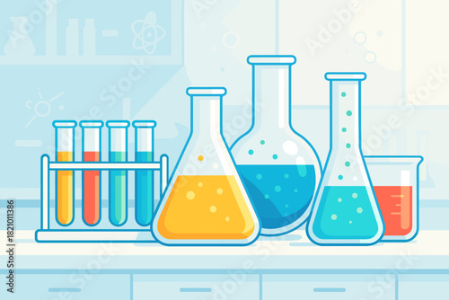 Colorful Laboratory Illustration. Bright laboratory scene with colorful test tubes and beakers, clean and modern composition,