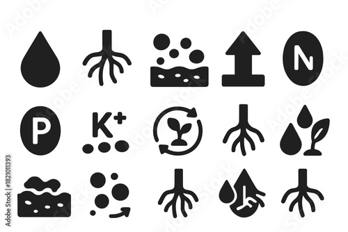 Nutrient Absorption Icons. Solid style icons of Nutrient Absorption: water droplet, root hair, soil minerals, absorption arrow,