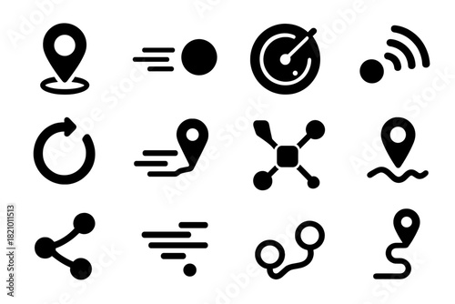 Real-Time Tracking Icons. Solid style icons of real-time tracking: live location icon, moving dot, radar scanner, motion lines,