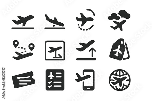 Air Travel Icons. Solid style icons of air travel and flights: takeoff icon, landing airplane, flight path, airplane in sky, air