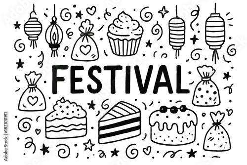 Black and white drawing of various desserts