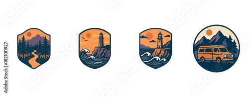 Illustrated badges featuring scenic landscapes with lighthouse and van themes