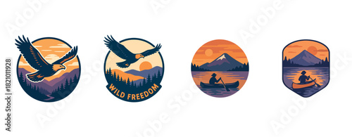 Outdoor adventure badges with eagles and canoeing at sunset with mountains