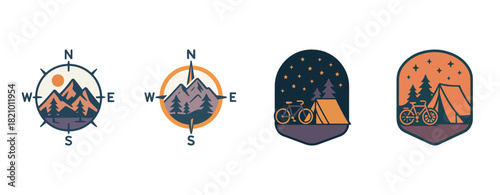 Vintage outdoor adventure icons featuring compass, mountains, tent, and bicycle at night