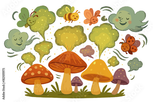 Magical Mushroom Festival. Spore release festival with mushrooms puffing glowing clouds, happy insects floating, and breezy winds