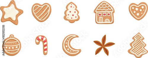 Vector set of Christmas gingerbread in cartoon flat style. Holiday cookies - christmas tree, gingerbread man, star, house, heart isolated on white background