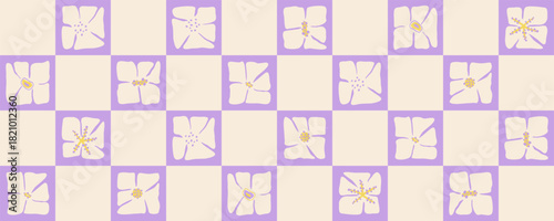Seamless pastel checkered purple background with chamomile. A cute retro pattern perfect for summer day designs, textiles, scrapbooking and digital textures.
