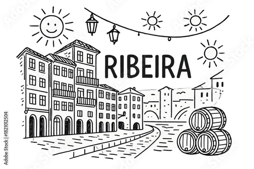 Drawing of a city with a smiling sun