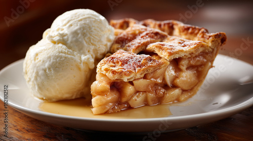 温かい焼き立てのアップルパイにバニラアイスクリームを添えた贅沢なデザート