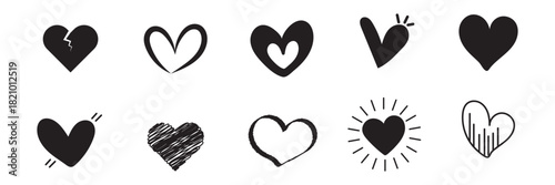 Hand drawn heart icons set, love and romance doodles vector design on transparent background. Black Color Set Icon. EPS 10.