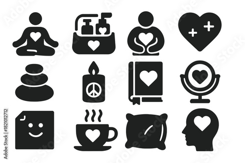 Self-Love Icons. Solid style icons of self-love and healing: meditation heart, self-care kit, wellness icon, healing heart, spa