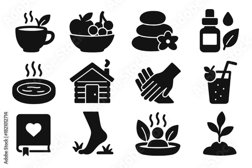 Wellness Activity Icons. Solid style icons of Wellness Activities: herbal tea, fruit bowl, spa stone, essential oil, hot spring,
