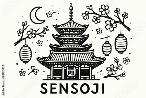 Black and white drawing of a building with lanterns hanging from it