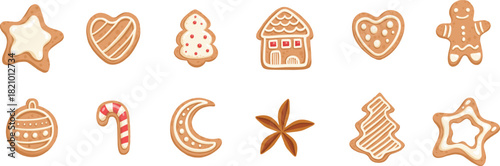 Vector set of Christmas gingerbread in cartoon flat style. Holiday cookies - christmas tree, gingerbread man, star, house, heart isolated on white background