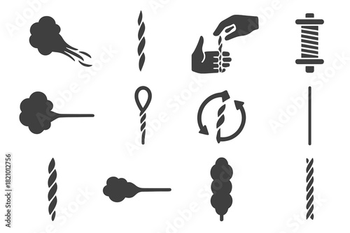 Yarn Creation Icons. Solid style icons of Yarn Creation Process: fiber drafting, twist line, spinning hands, bobbin build-up,
