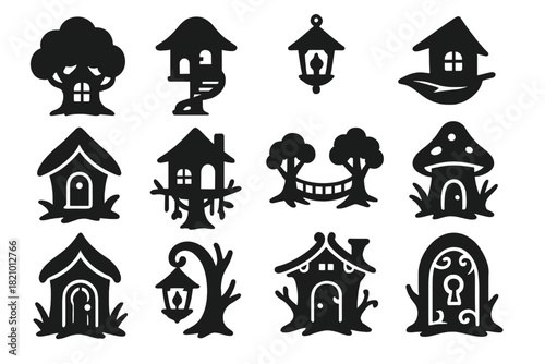 Whimsical Treehouse Icons. Solid style icons of Whimsical and fantasy treehouses: glowing window, spiral staircase, hanging