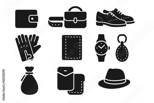 Leather Goods Icons. Solid style icons of Leather Goods: Wallet, Belt, Satchel, Shoes, Gloves, Book Cover, Watch Strap, Pouch,