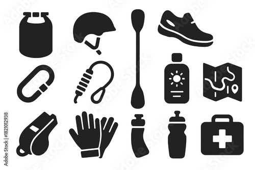 Canoeing Gear Icons. Solid style icons of Canoeing Gear: waterproof bag, helmet strap, paddle blade, dry shoes, gear clip, throw