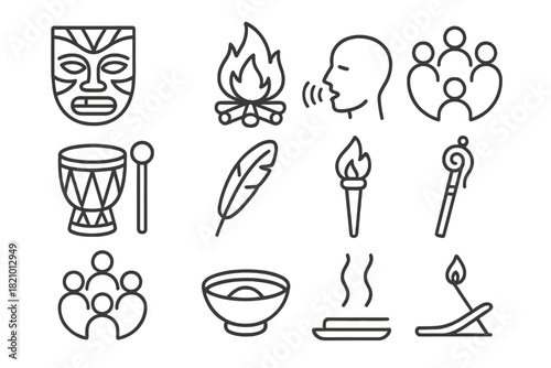 Ritual Ceremony Icons. Line style icons of Ritual Ceremony: Ceremonial Mask, Sacred Fire, Chant, Community Gathering; Drum,