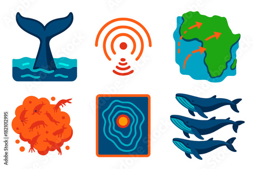 Whale Migration Icons. Isometric vector illustration set Whale Navigation: humpback whale tail, sonar sound waves, migration route