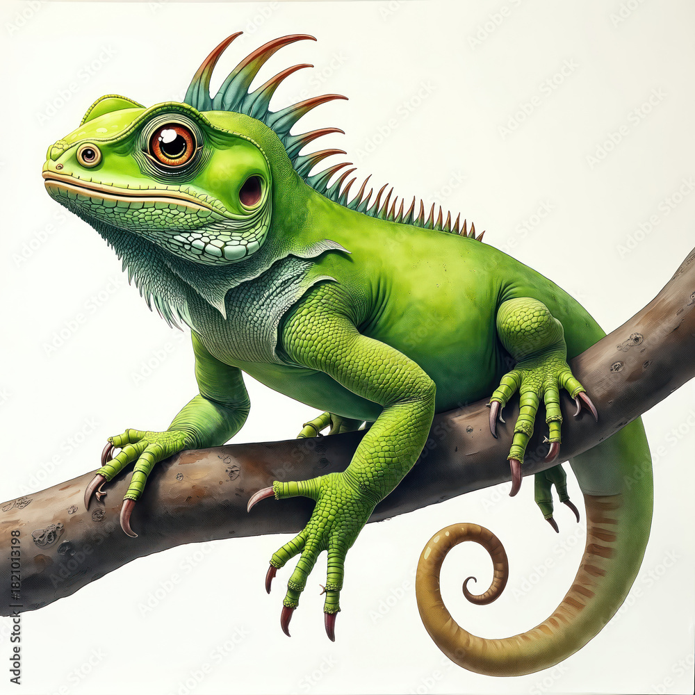 Obraz premium Green iguana rests on tree branch watercolor illustration shows detailed reptilian scales and textured skin. Creature has orange eyes and prominent crest, coiled tail visible.