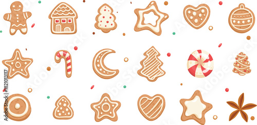 Vector set of Christmas gingerbread in cartoon flat style. Holiday cookies - christmas tree, gingerbread man, star, house, heart isolated on white background