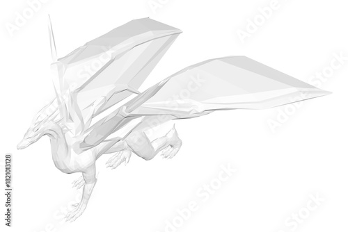 Polygonal white dragon with spread wings and slender tail. The majestic creature features intricate low poly details in various white shades.