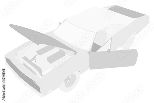 White vintage sports car with open hood in dynamic silhouette animation. The vehicle is isolated on a clean white background.