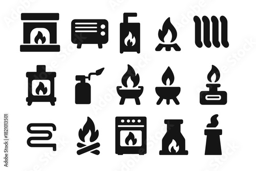 Heating Tool Icons. Solid style icons of Heating tools: fireplace, heater, furnace, radiator, stove, blowtorch, fire pit, gas