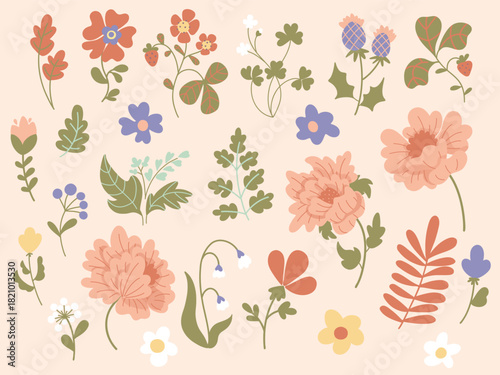 A set of 25 vector floral and plant elements. Folk floral illustrations of daisies, pink peonies, green leaves, and clover. A spring set for Easter card design in a cute, naive, retro style.