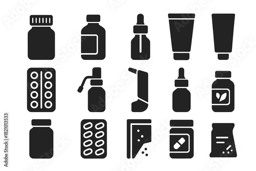 Medicine Icons Collection. Solid style icons of Medicine: pill bottle, syrup bottle, dropper bottle, ointment tube, blister pack,
