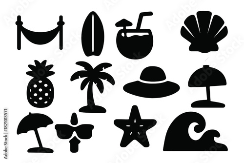 Tropical Paradise Icons. Solid style icons of Tropical Paradise: Hammock, Surfboard, Coconut Drink, Seashell, Pineapple, Palm Tree
