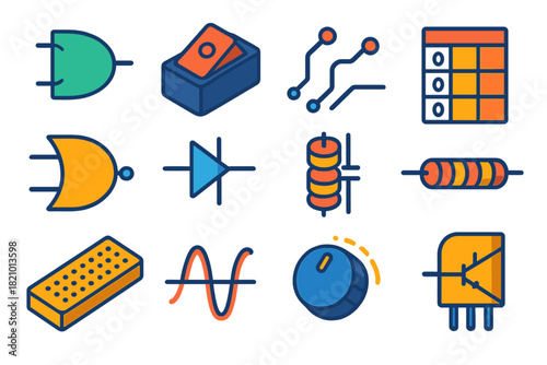Analog Logic Elements. Isometric vector illustration set Analog Logic: NOR gate, rocker switch, circuit lines, printed truth table