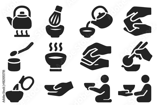 Tea Ceremony Icons. Solid style icons of Tea preparation steps: boiling water, whisking matcha, pouring tea, cleaning tools,