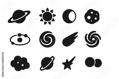 Celestial Icons Collection. Solid style icons of Celestial objects and features: planet ring, sun flare, moon phase, asteroid belt