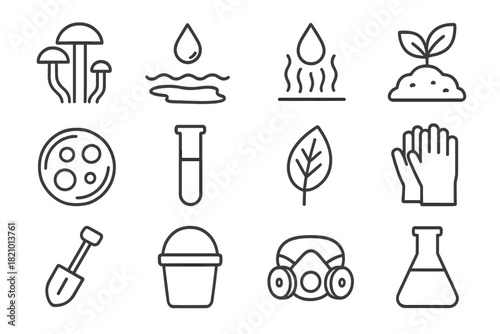 Environmental Cleanup Icons. Line style icons of Environmental Cleanup: Fungi, Oil Leak, Contaminant Absorption, Soil Regeneration