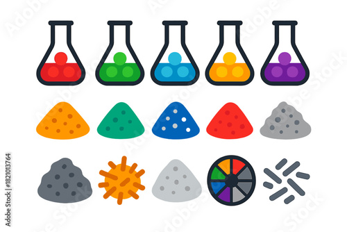 Vibrant Firework Salts Icons. Flat vector icons of metal salts for firework colors: strontium salt, barium salt, copper salt,