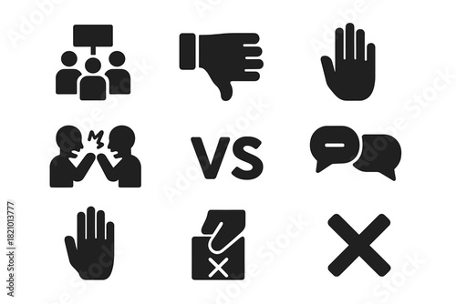 Opposition Icons. Solid style icons of Opposition: protest crowd, fist with thumbs down, blocking gesture, strong disagreement, no