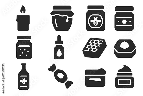 Honey Products Icons. Solid style icons of Honey Products: beeswax candle, honey jar, royal jelly container, pollen jar, propolis
